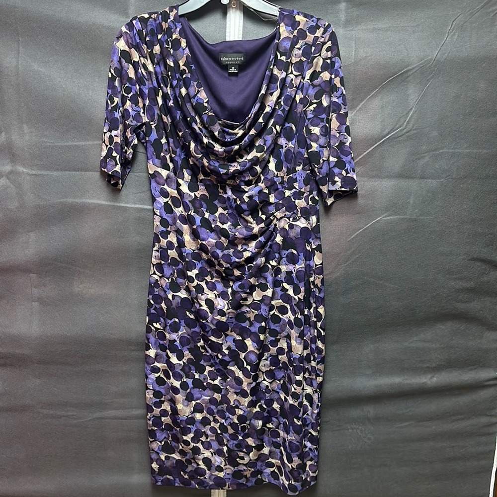 Connected Apparel elegant purple patterned dress with draped neckline, size 10